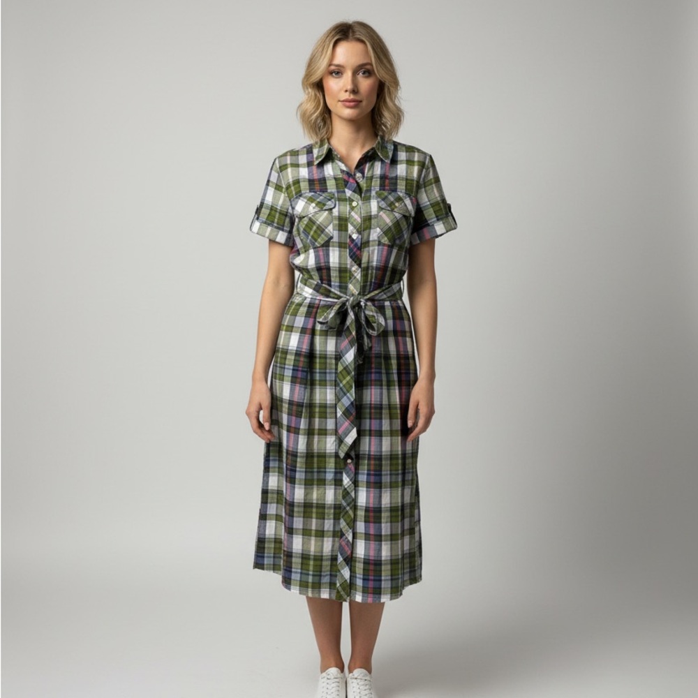 Tommy Bahama Maui Madras Midi Shirt Dress with Tie Belt - Green Plaid Size M